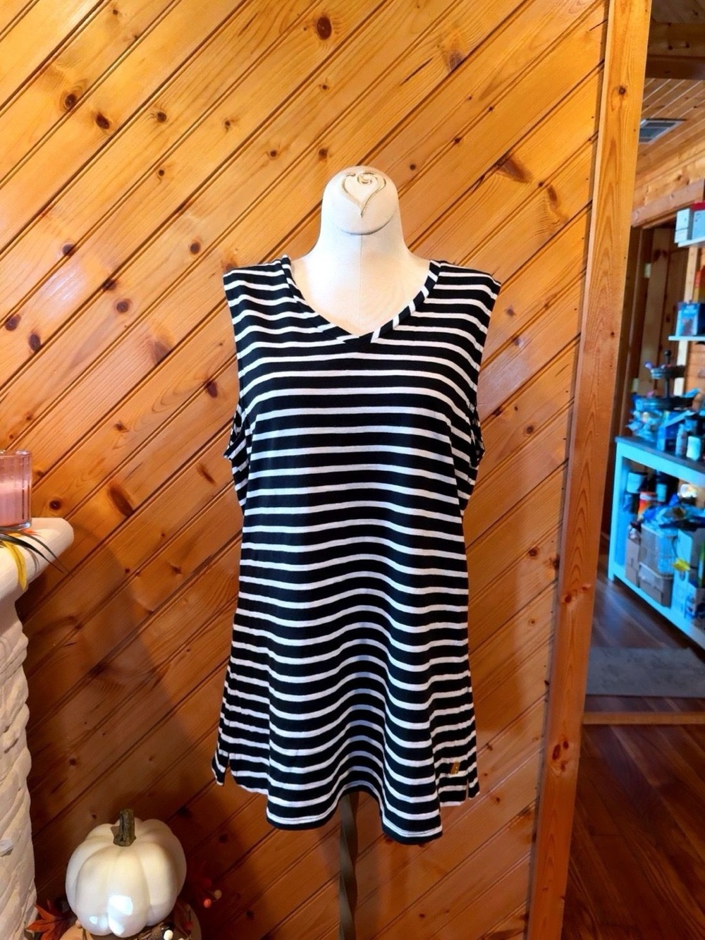 Rafaella Weekend Black White Striped Sleeveless Tunic Top Large